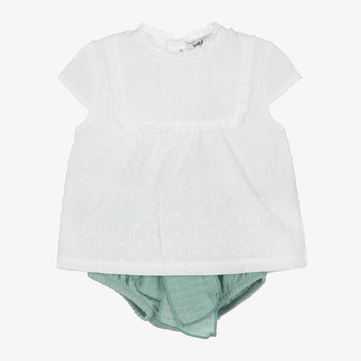 Babidu-Girls White & Green Cotton Shorts Set | Childrensalon Outlet