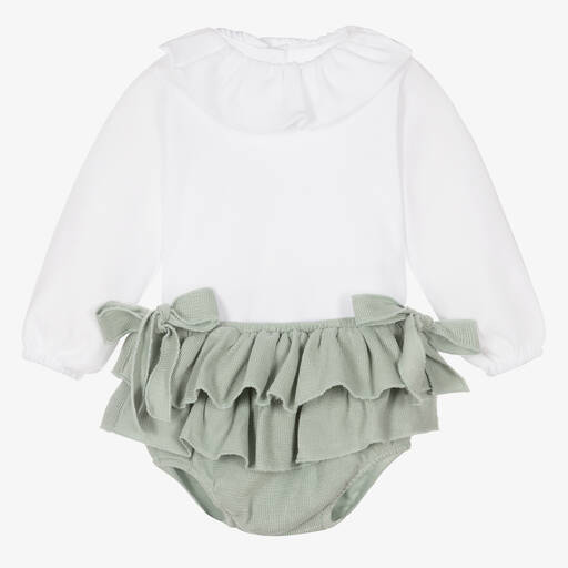 Babidu-Girls White & Green Shorts Set | Childrensalon Outlet
