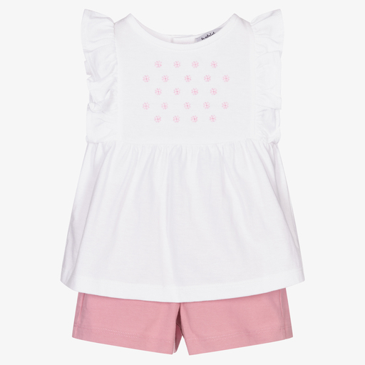 Babidu-Girls White & Pink Shorts Set | Childrensalon Outlet
