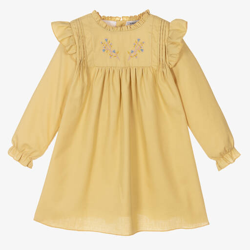 Babidu-فستان بياقة عالية قطن لون أصفر | Childrensalon Outlet