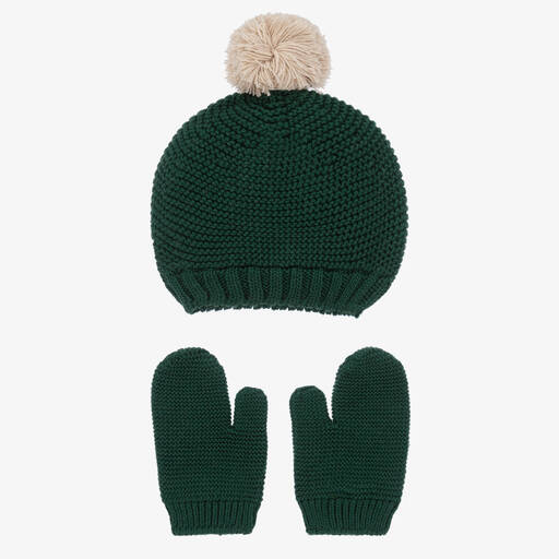 Babidu-Green Cotton Knit Hat & Mittens Set | Childrensalon Outlet