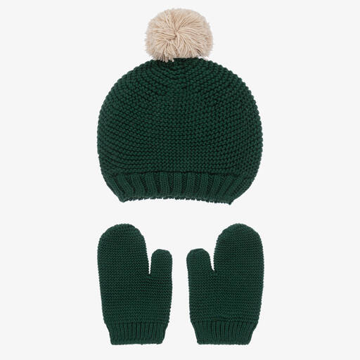 Babidu-Bonnet et moufles verts en coton | Childrensalon Outlet