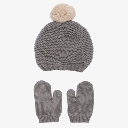 Babidu-Grey Knitted Hat & Mittens Set | Childrensalon Outlet