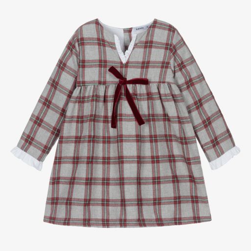 Babidu-Robe à carreaux grise et rouge en coton | Childrensalon Outlet