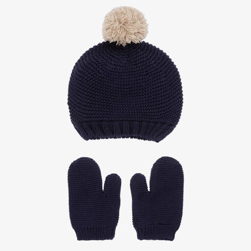 Babidu-Navy Blue Cotton Knit Hat & Mittens Set | Childrensalon Outlet