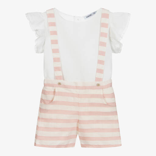 Babidu-Ensemble short rayé rose et ivoire | Childrensalon Outlet