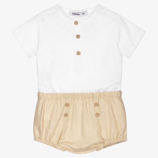 Babidu-White & Beige Linen Shorts Set | Childrensalon Outlet