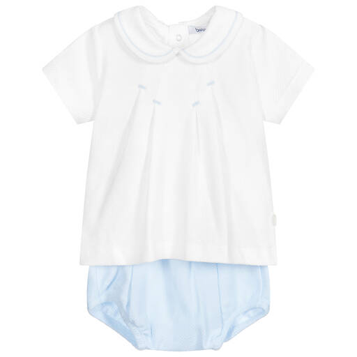 Babidu-White & Blue Cotton Shorts Set | Childrensalon Outlet