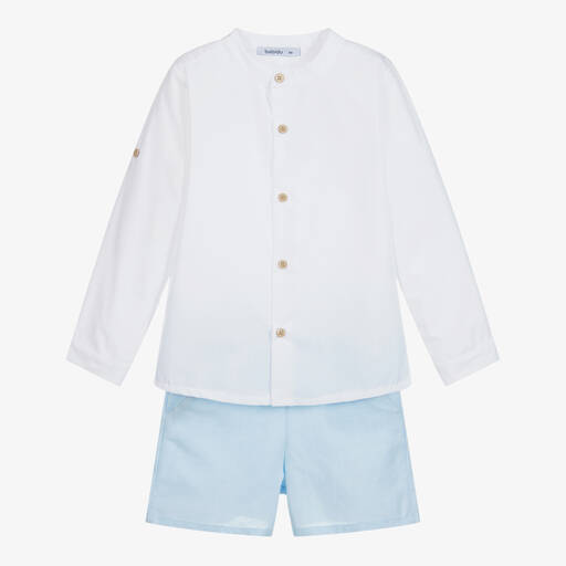 Babidu-طقم شورت وقميص قطن لون أبيض وأزرق للأولاد | Childrensalon Outlet