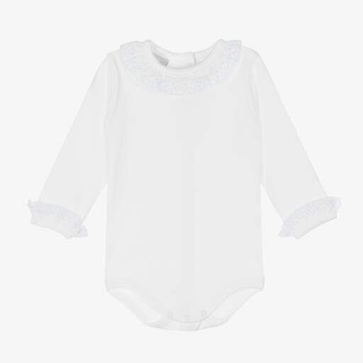 Babidu-White Cotton Bodysuit With Blue Embroidered Trims | Childrensalon Outlet