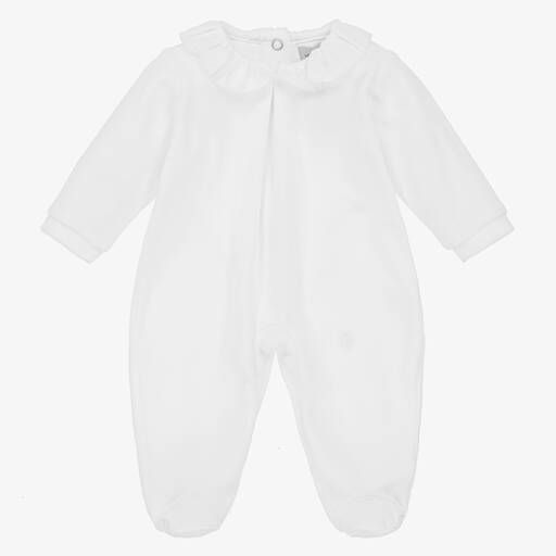 Babidu-White Cotton Velour Babygrow  | Childrensalon Outlet