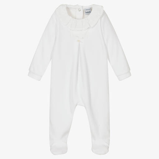 Babidu-White Cotton Velour Babygrow | Childrensalon Outlet