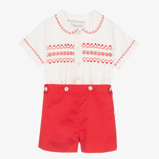 Rachel Riley-Baby Boys Red Smocked Buster Suit | Childrensalon Outlet