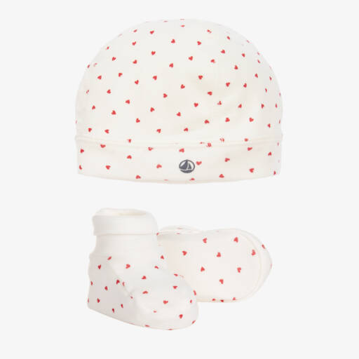 Petit Bateau-Baby Girls Ivory Cotton Hat & Booties Set | Childrensalon Outlet