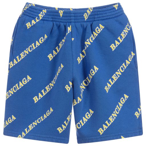 Balenciaga-شورت برمودا لوغو قطن لون أزرق وأصفر | Childrensalon Outlet