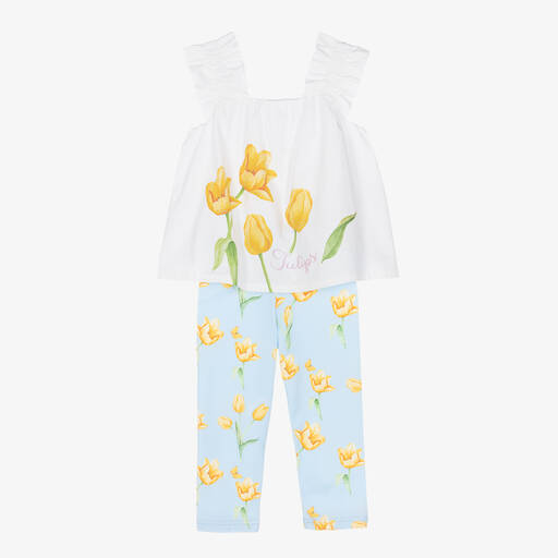 Balloon Chic-طقم ليغنغز مزيج قطن لون أزرق وأبيض بطبعة ورود | Childrensalon Outlet