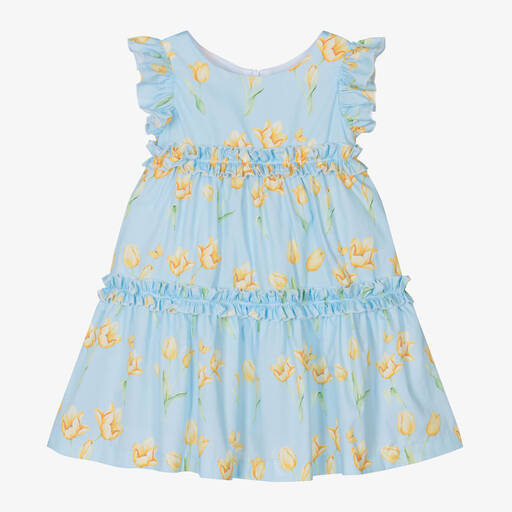 Balloon Chic-فستان قطن بوبلين مزين بكشكش لون أزرق | Childrensalon Outlet