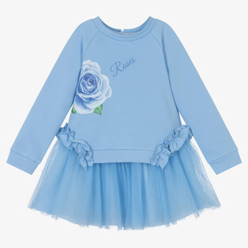 Balloon Chic-Blaues Baumwoll-Tüllkleid mit Rosenmotiv für Mädchen | Childrensalon Outlet