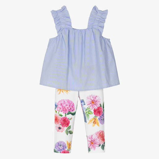 Balloon Chic-Girls Blue & White Cotton Leggings Set | Childrensalon Outlet