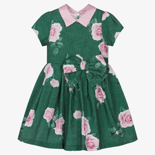 Balloon Chic-Girls Green & Pink Cotton Roses Dress | Childrensalon Outlet