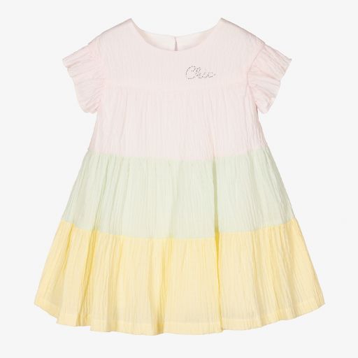 Balloon Chic-فستان مزيج قطن بطبقات لون زهري وأخضر وأبيض | Childrensalon Outlet
