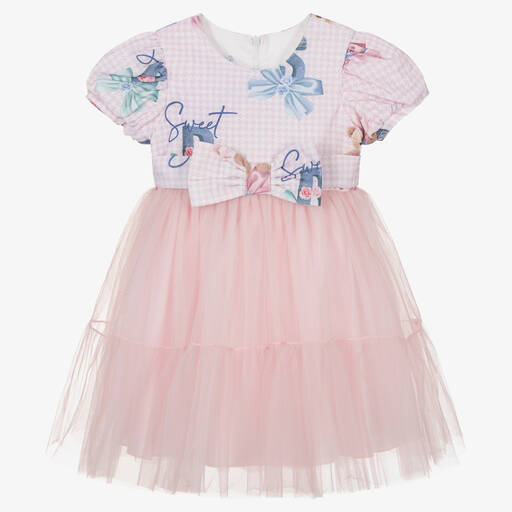 Balloon Chic-Girls Pink Tulle Teddy Bear Print Dress | Childrensalon Outlet