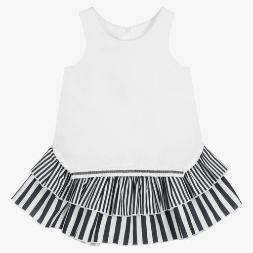 Balloon Chic-Girls White & Navy Blue Stripe Hem Dress | Childrensalon Outlet