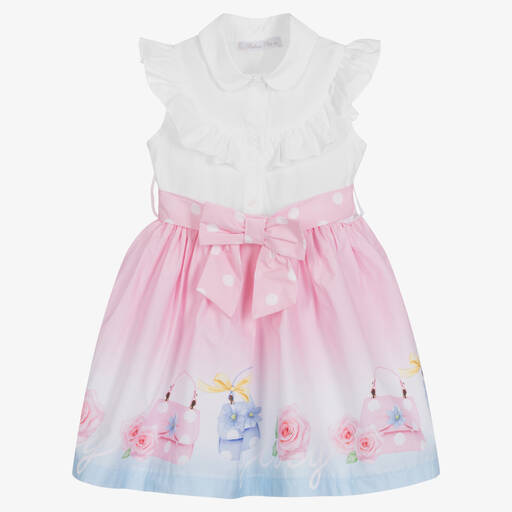 Balloon Chic-Baumwollpopelin-Kleid in Weiß/Rosa | Childrensalon Outlet
