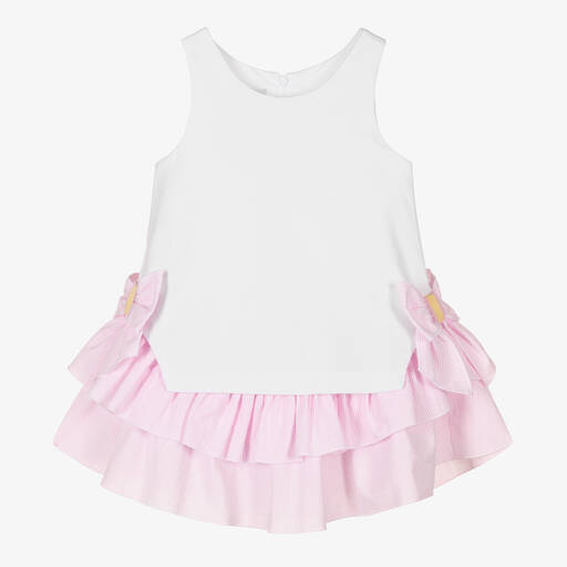 Balloon Chic-فستان قطن مزين بكشكش لون أبيض وزهري | Childrensalon Outlet