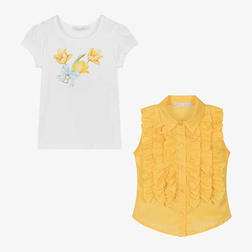 Balloon Chic-Girls White T-Shirt & Yellow Blouse Set | Childrensalon Outlet