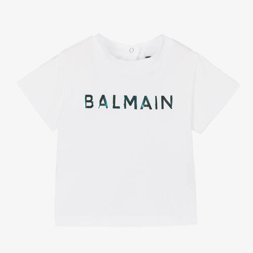 Balmain-Baby Boys White Iridescent Logo T-Shirt | Childrensalon Outlet