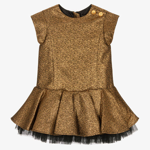 Balmain-Baby Girls Gold & Black Button Dress | Childrensalon Outlet