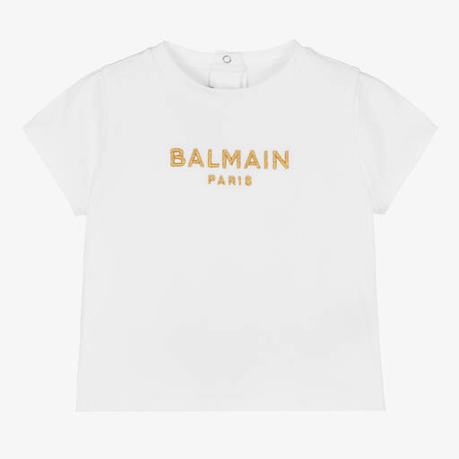 Balmain-Baby Girls White & Gold Paris Logo T-Shirt | Childrensalon Outlet