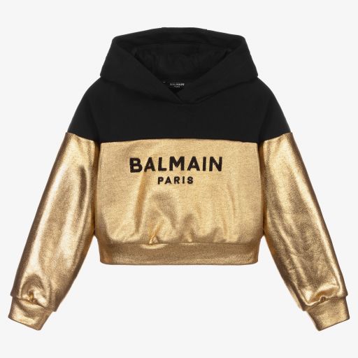 Balmain-Black & Gold Cropped Hoodie | Childrensalon Outlet