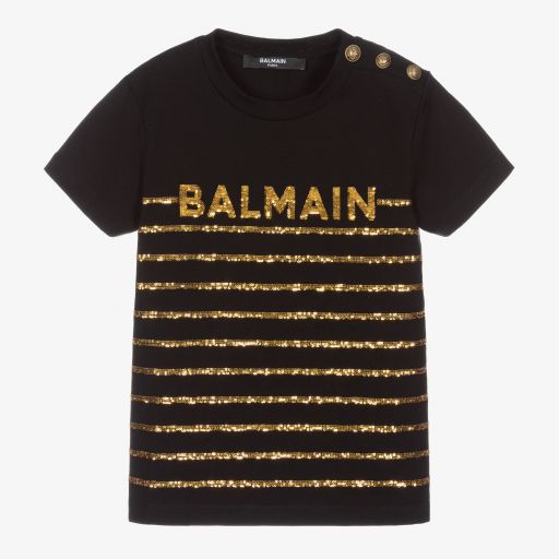 Balmain-Black & Gold Sequin T-Shirt | Childrensalon Outlet