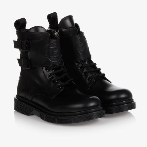 Balmain-Black Leather Lace-Up Boots | Childrensalon Outlet