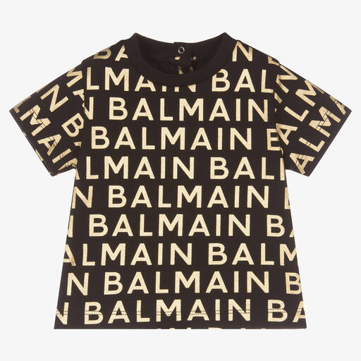 Balmain-تيشيرت قطن جيرسي لون أسود وذهبي متاليك | Childrensalon Outlet