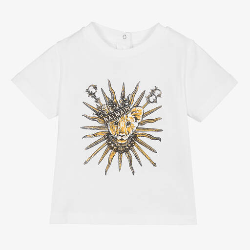 Balmain-Boys White Graphic Cotton T-Shirt | Childrensalon Outlet