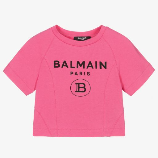 Balmain-Cropped Pink Logo T-Shirt | Childrensalon Outlet