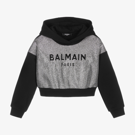 Balmain-Girls Black Cropped Hoodie | Childrensalon Outlet
