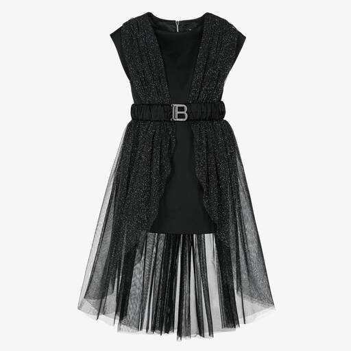 Balmain-Robe noire pailletée en tulle fille | Childrensalon Outlet