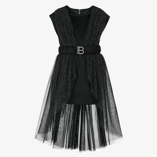 Balmain-فستان ساتان وتول غليتر لون أسود | Childrensalon Outlet