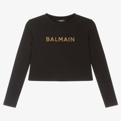 Balmain-Girls Black & Gold Cotton Crop Top | Childrensalon Outlet
