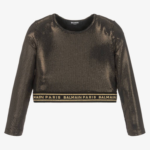 Balmain-Girls Black & Gold Glitter Crop Top | Childrensalon Outlet