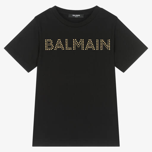 Balmain-Girls Black Gold Studded Cotton T-Shirt | Childrensalon Outlet