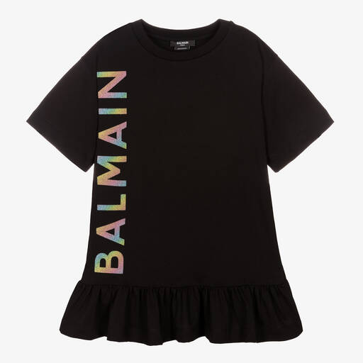 Balmain-Черное платье из джерси с разноцветным логотипом | Childrensalon Outlet