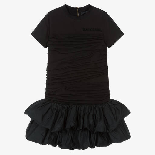 Balmain-Girls Black Ruched Logo Dress | Childrensalon Outlet