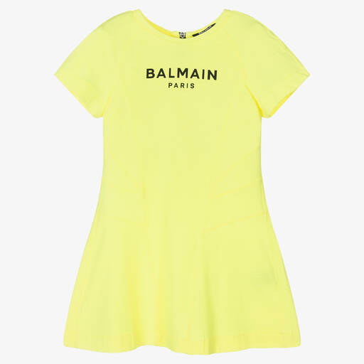 Balmain-Girls Neon Yellow Cotton Logo Dress | Childrensalon Outlet
