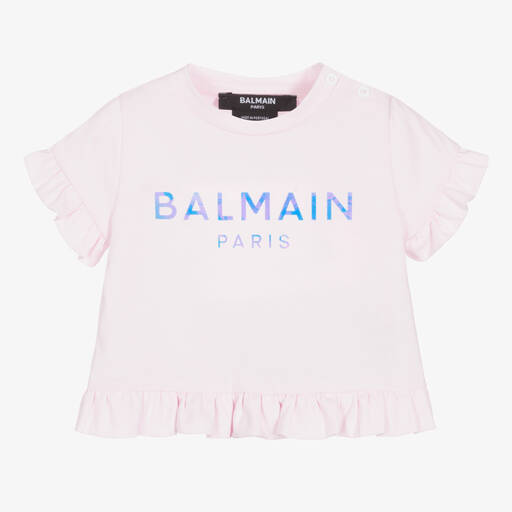 Balmain-Girls Pink Cotton Logo T-Shirt | Childrensalon Outlet
