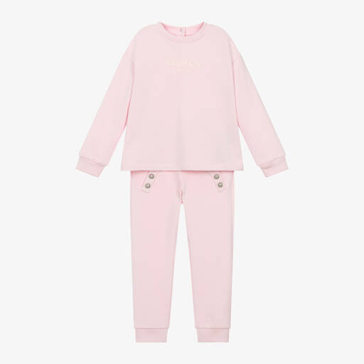 Balmain-Girls Pink Embroidered Cotton Tracksuit | Childrensalon Outlet